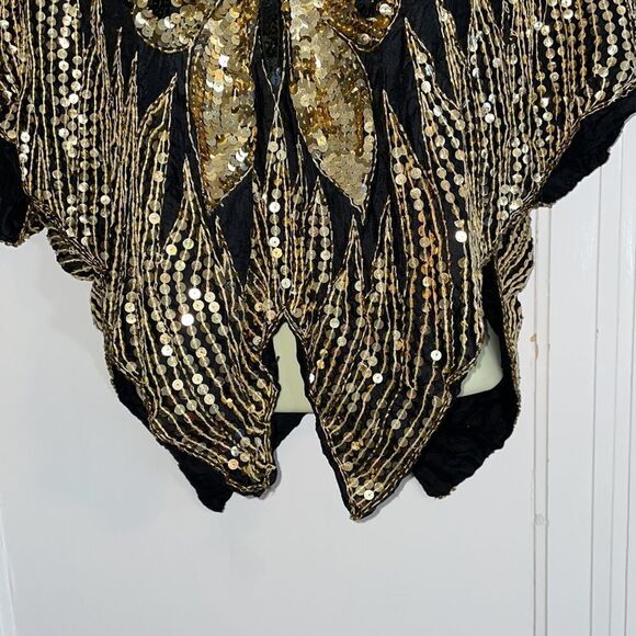 Vtg 70s/80s black silk & gold sequin disco butterfly blouse - Picture 4 of 8